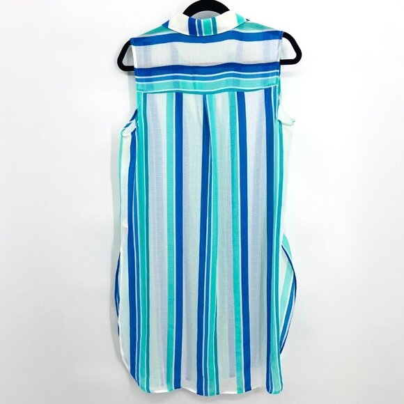 TWO BY VINCE CAMUTO Green Blue White Striped Button Up Sleeveless Swim Cover Up - Picture 2 of 5